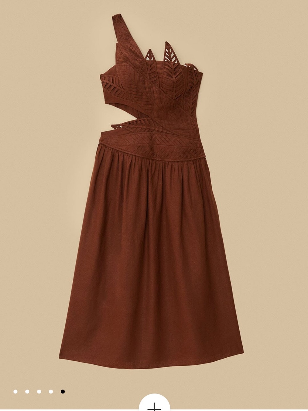 Farm Rio Brown Natural Linen Appliqué Leaves Cut-Out Midi Dress with drop waist
